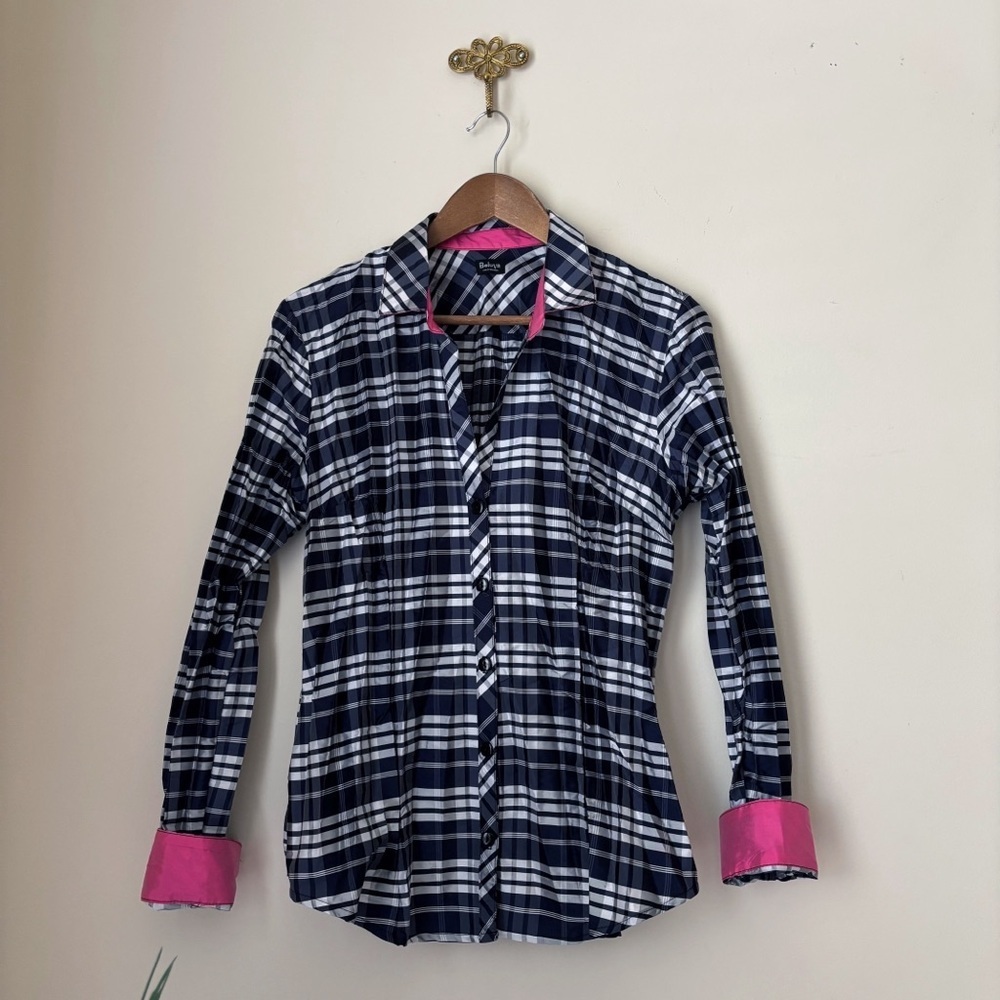 Beluva Pleated Blue Plaid Button Up Shirt Large Classic Preppy